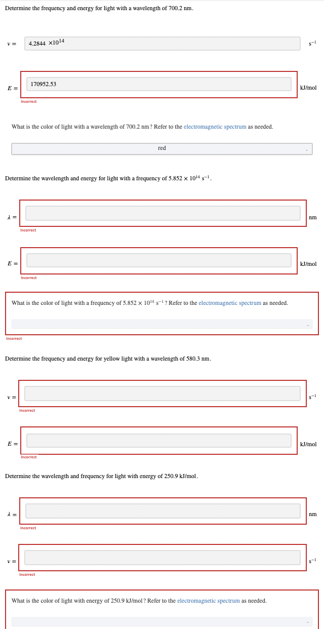 Solved Determine the frequency and energy for light with a | Chegg.com
