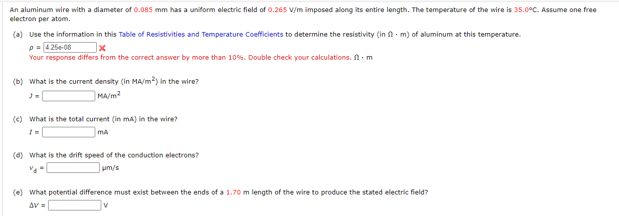 Solved An aluminum wire with a diameter of 0.085 mm has a | Chegg.com