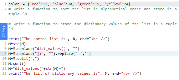 Solved color = {'red':12, 'blue':30, 'green':15, | Chegg.com