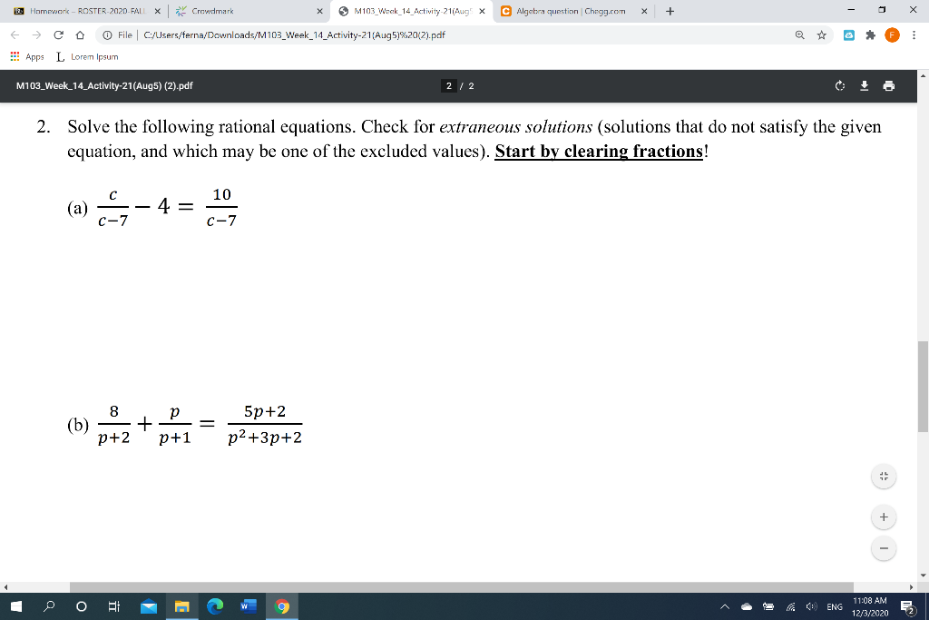 Solved Homework ROSTER 2020 FAL X V Crowdmark M103 Chegg