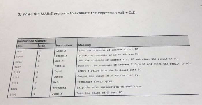 Solved 3 Write The Marie Program To Evaluate The Expression 