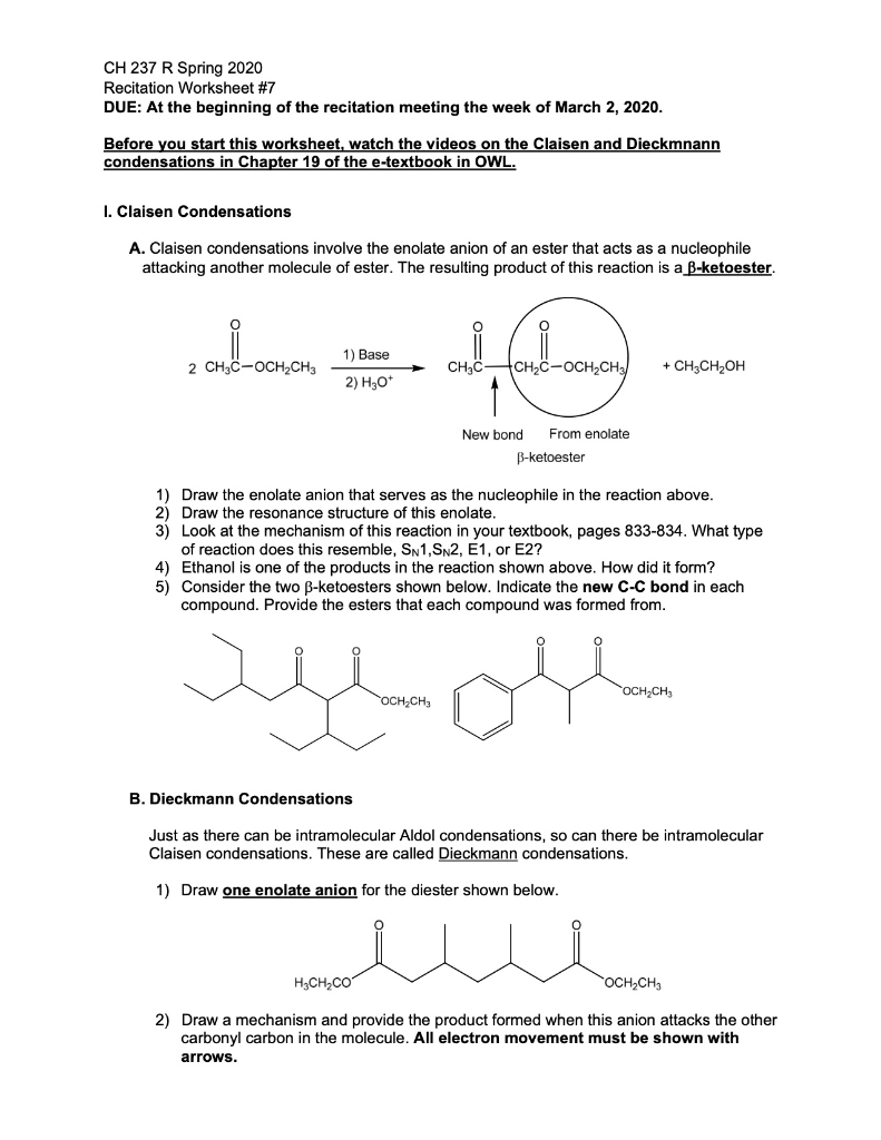 CH 237 R Spring 2020 Recitation Worksheet #7 DUE: At | Chegg.com