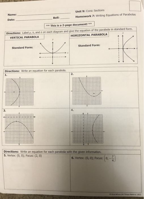 homework 7 writing equations of parabolas