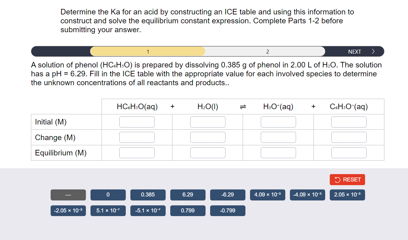 Solved Determine the Ka for an acid by constructing an ICE