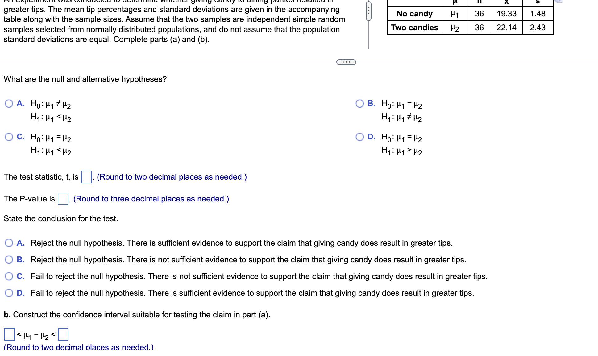 greater tips. The mean tip percentages and standard | Chegg.com