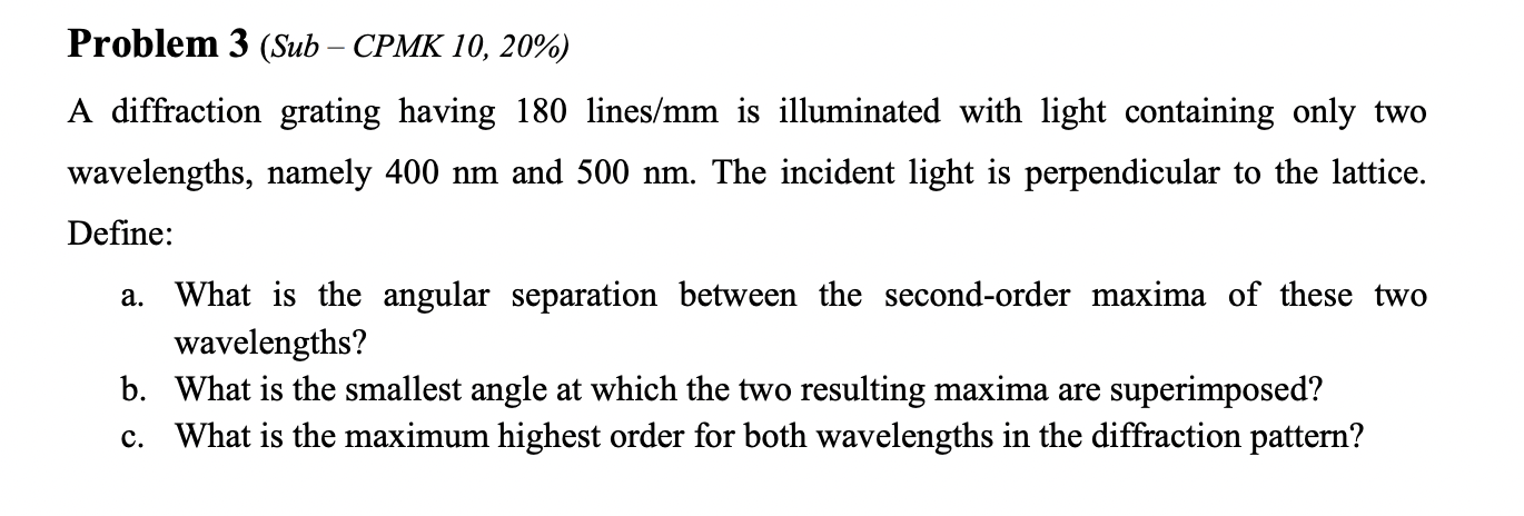 Solved Problem 3 (Sub - CPMK 10, 20%) A diffraction grating | Chegg.com