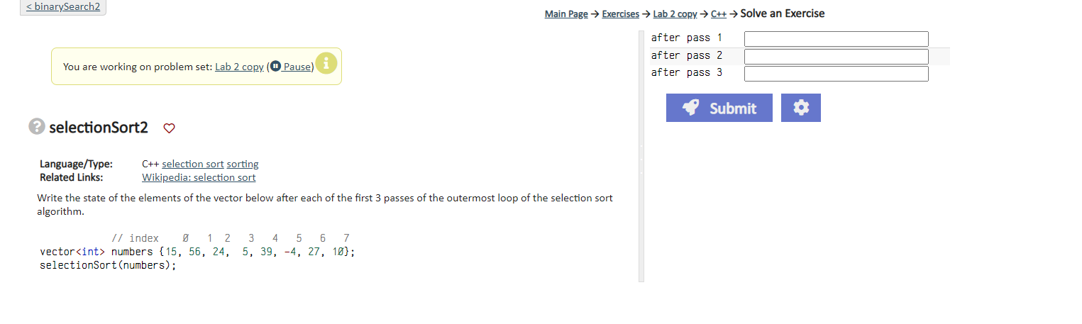 Solved (3) selectionSort2 0 Language/Type: C++ selection | Chegg.com