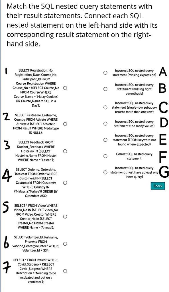 Solved Match the SQL nested query statements with their | Chegg.com