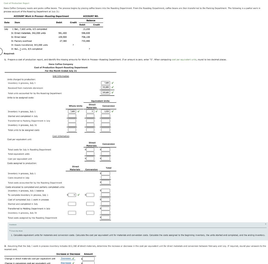 Solved Cost of Production Report Hana Coffee Company roasts