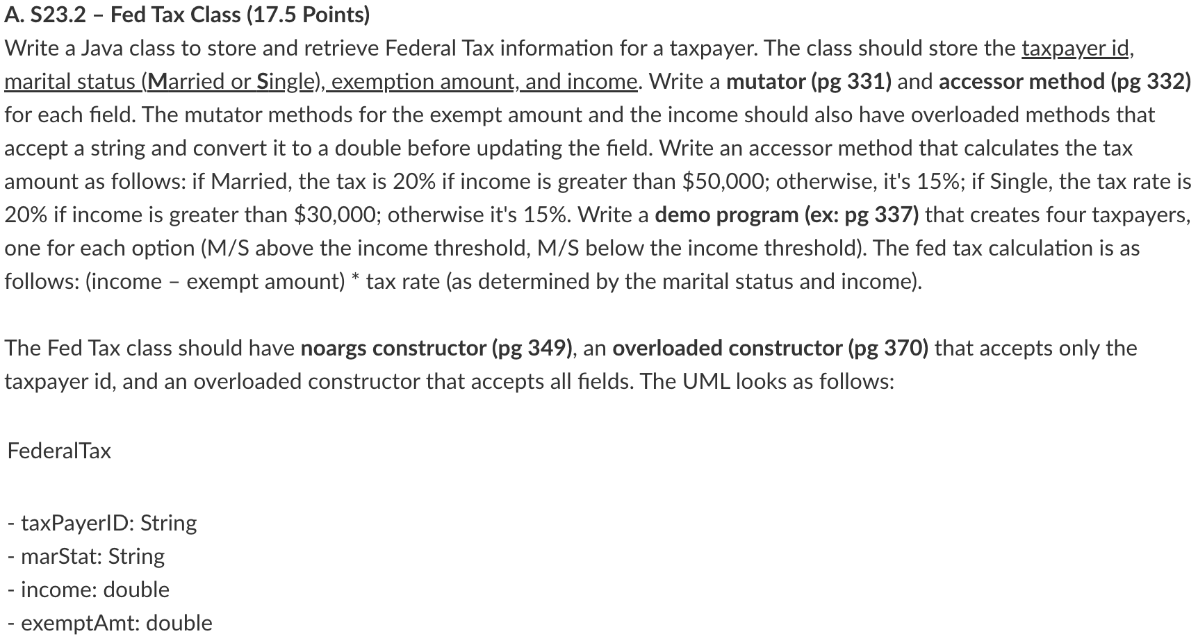 Solved A. S23.2 - Fed Tax Class (17.5 Points) Write a Java | Chegg.com