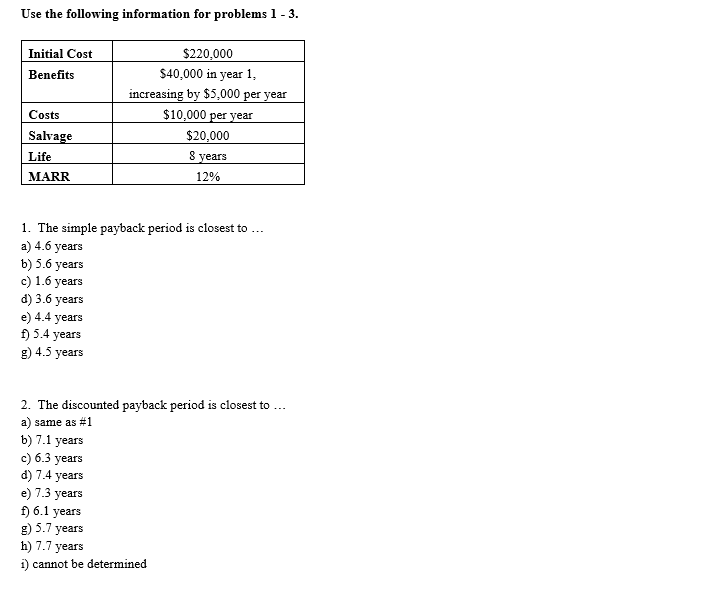 Solved Use the following information for problems 1 - 3. | Chegg.com