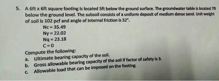 Solved 5. A 6ft x 6ft square footing is located Sft below | Chegg.com