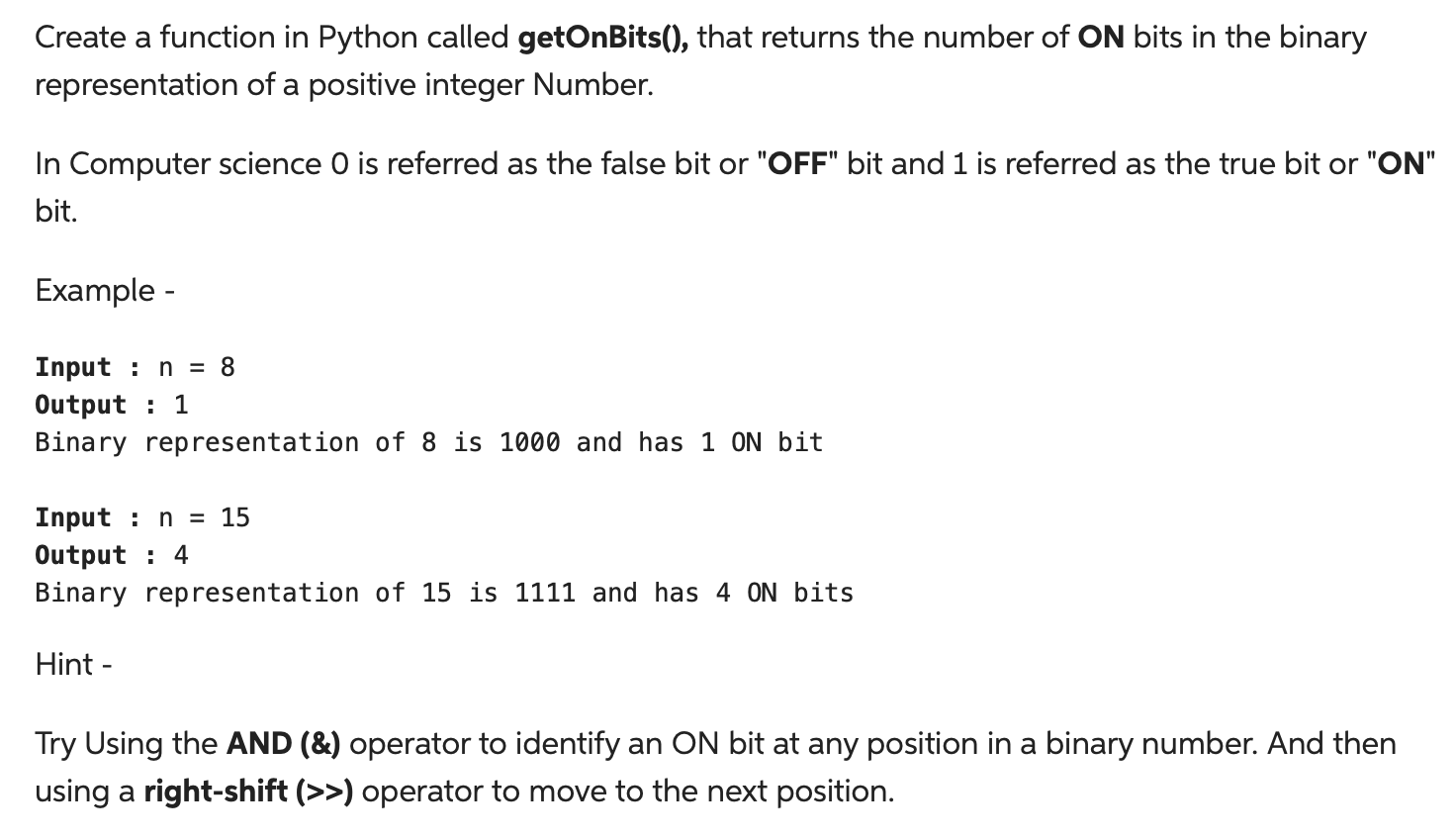 Solved Create a function in Python called getOnBits(), that | Chegg.com