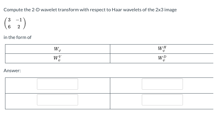 Solved Compute The 2 D Wavelet Transform With Respect To Chegg Solved Compute The 2 D Wavelet Transform With Respect To Chegg