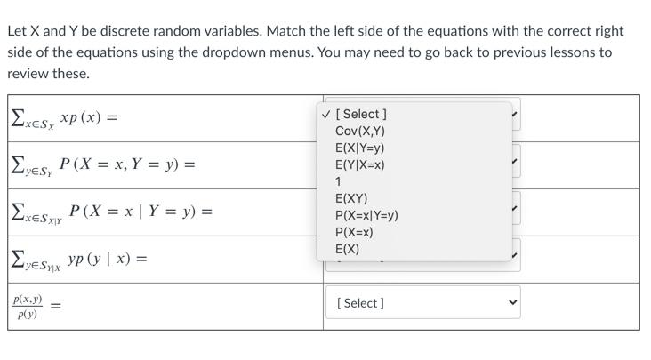 Solved Let X And Y Be Discrete Random Variables Match Th Chegg Com