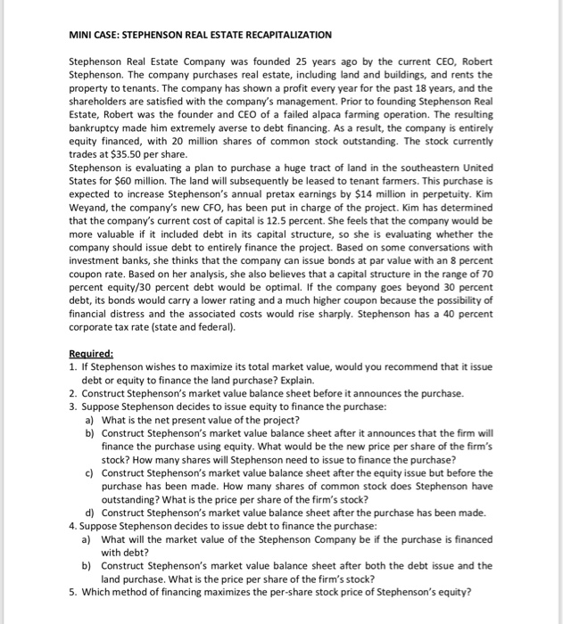 Solved MINI CASE STEPHENSON REAL ESTATE RECAPITALIZATION
