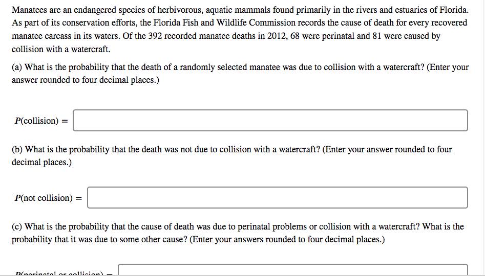 Solved Manatees are an endangered species of herbivorous, | Chegg.com