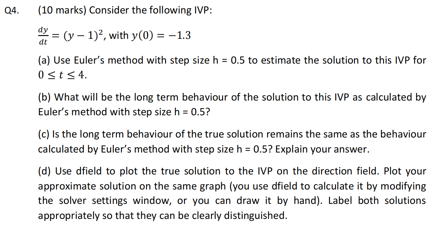 Solved Q4 10 Marks Consider The Following Ivp Dy Dt Y