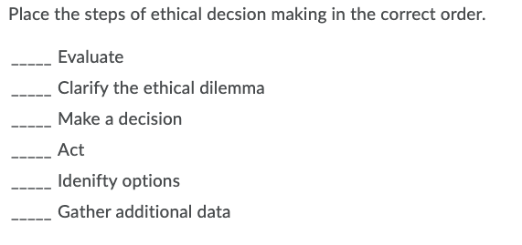Solved Place the steps of ethical decsion making in the | Chegg.com