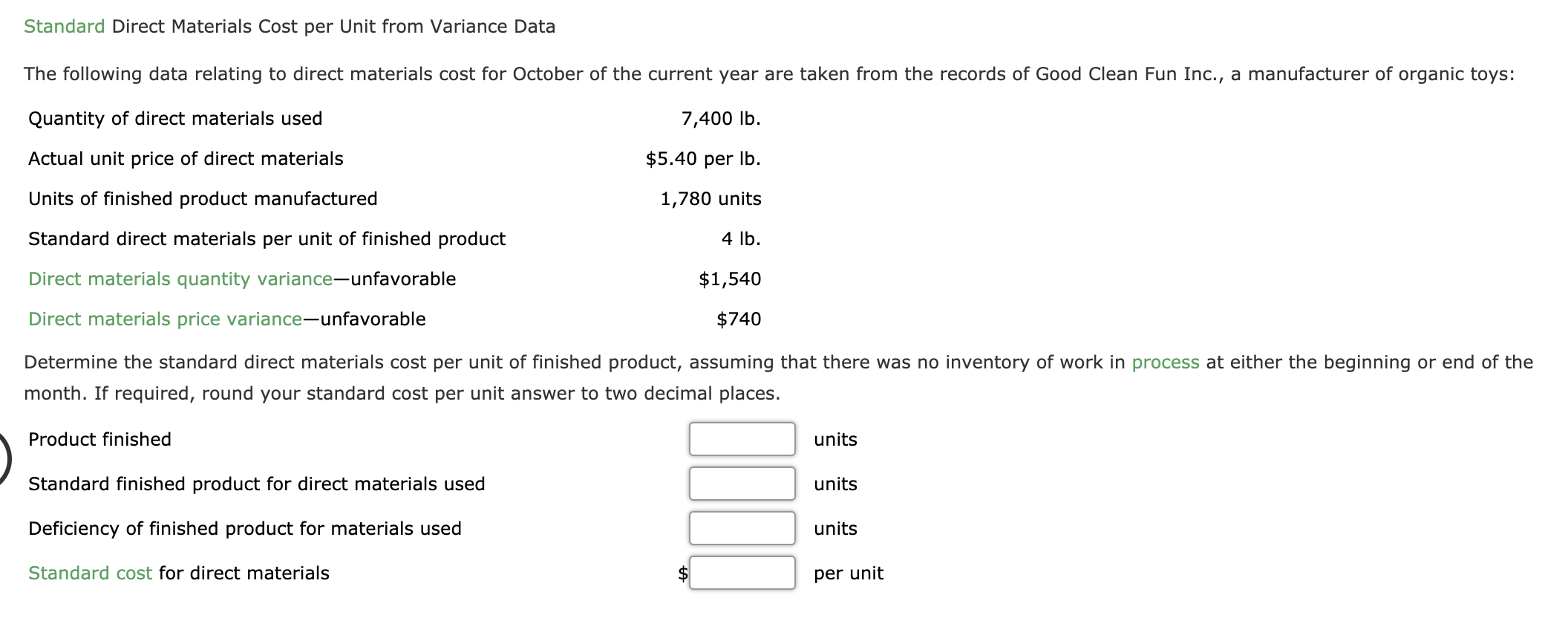 Solved Standard Direct Materials Cost per Unit from Variance | Chegg.com