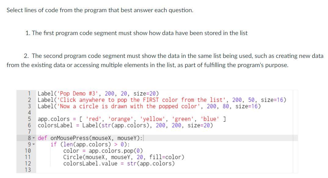 Select lines of code from the program that best | Chegg.com