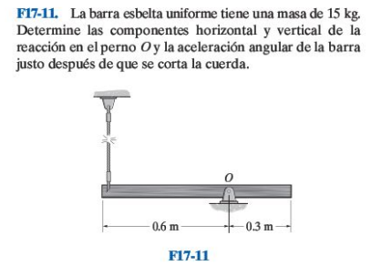 F17-11. La barra esbelta uniforme tiene una masa de \( 15 \mathrm{~kg} \). Determine las componentes horizontal y vertical de