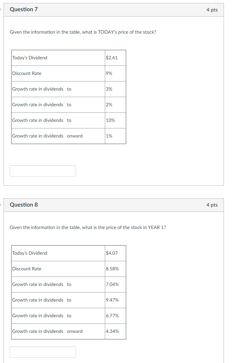 Solved Question 7 4 pts Given the information in the table, | Chegg.com