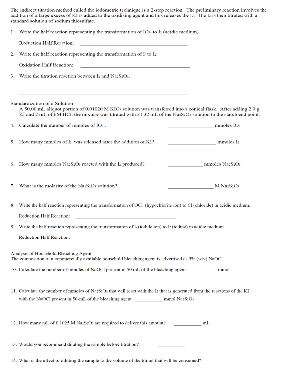 Solved The indirect titration method called the iodometric | Chegg.com