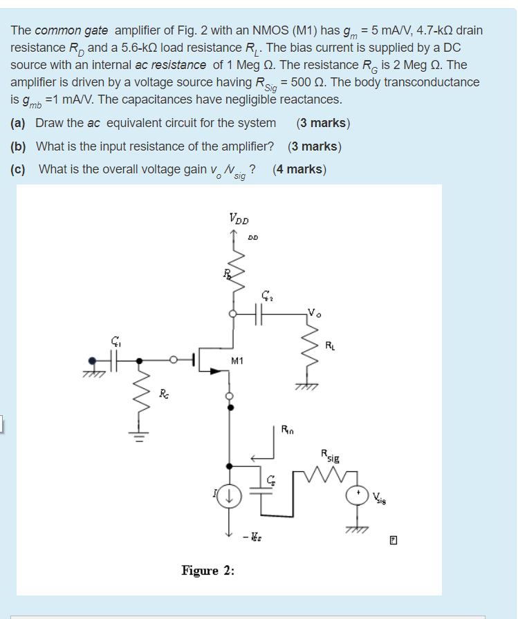 Solved The common gate amplifier of Fig. 2 with an NMOS (M1) | Chegg.com