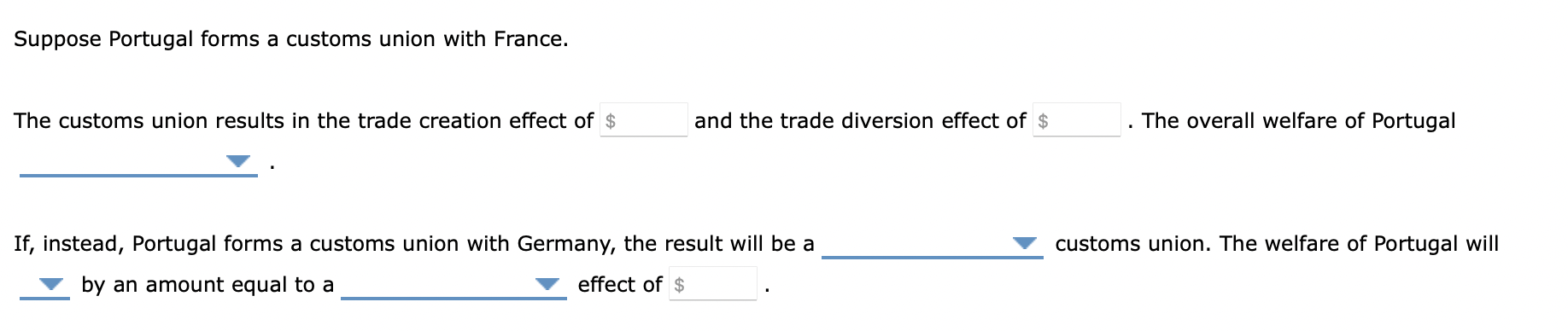 Suppose Portugal forms a customs union with France.
The customs union results in the trade creation effect of
and the trade d