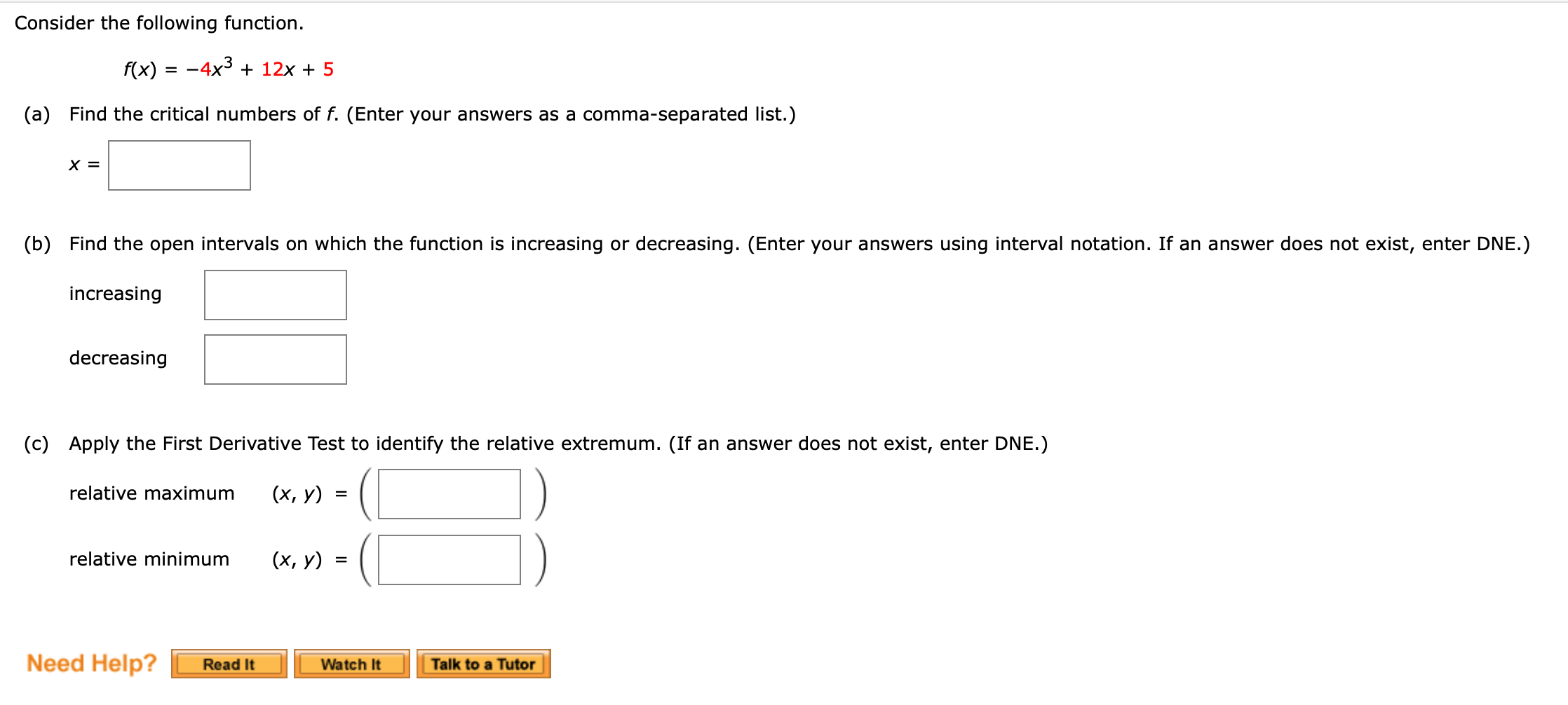 Solved Consider the following function. f(x) = -4x3 + 12x + | Chegg.com