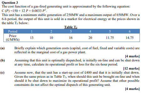 Solved Question 3 The cost function of a gas-fired | Chegg.com