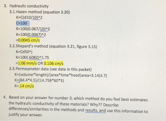 Solved 3. Hydraulic conductivity 3.1.Hazen method (equation