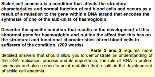 Solved Sickle cell anaemia is a condition that affects the | Chegg.com