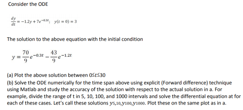 Solved Consider the ODE dy dt :-1.2y + 7e-0.3t; y(t = 0) = 3 | Chegg.com
