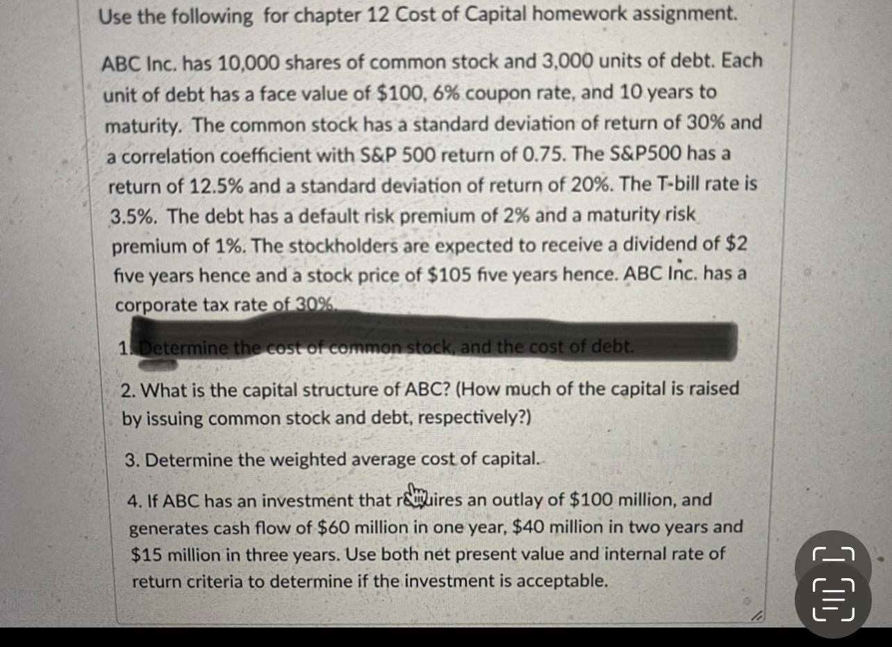 Solved Use the following for chapter 12 Cost of Capital | Chegg.com
