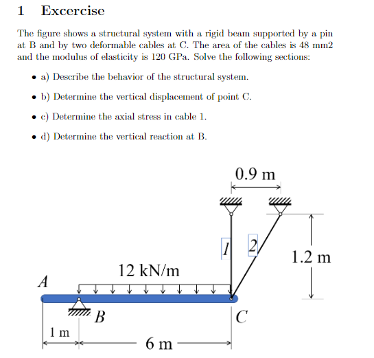 1 Excercise
The figure shows a structural system with a rigid beam supported by a pin at \( \mathrm{B} \) and by two deformab