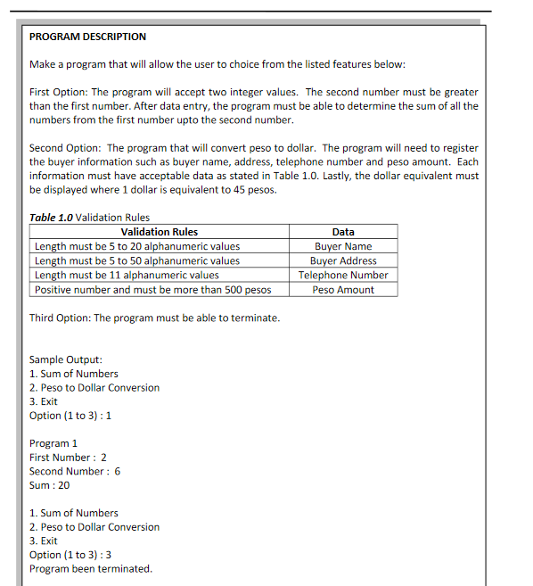 Solved PROGRAM DESCRIPTION Make a program that will allow | Chegg.com