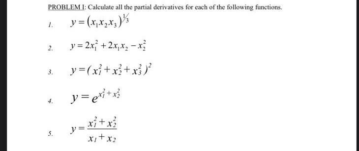 PROBLEM I: Calculate all the partial derivatives for each of the following functions. 1. \( y=\left(x_{1} x_{2} x_{3}\right)^