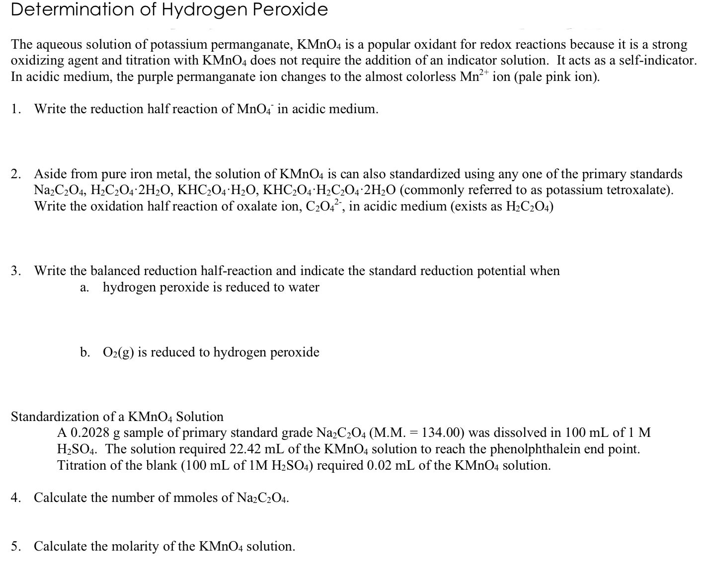 Solved Determination Of Hydrogen Peroxide The Aqueous 5298