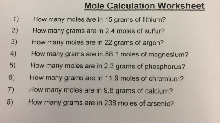 Solved Mole Calculation Worksheet 1) How Many Moles àre I&hellip;