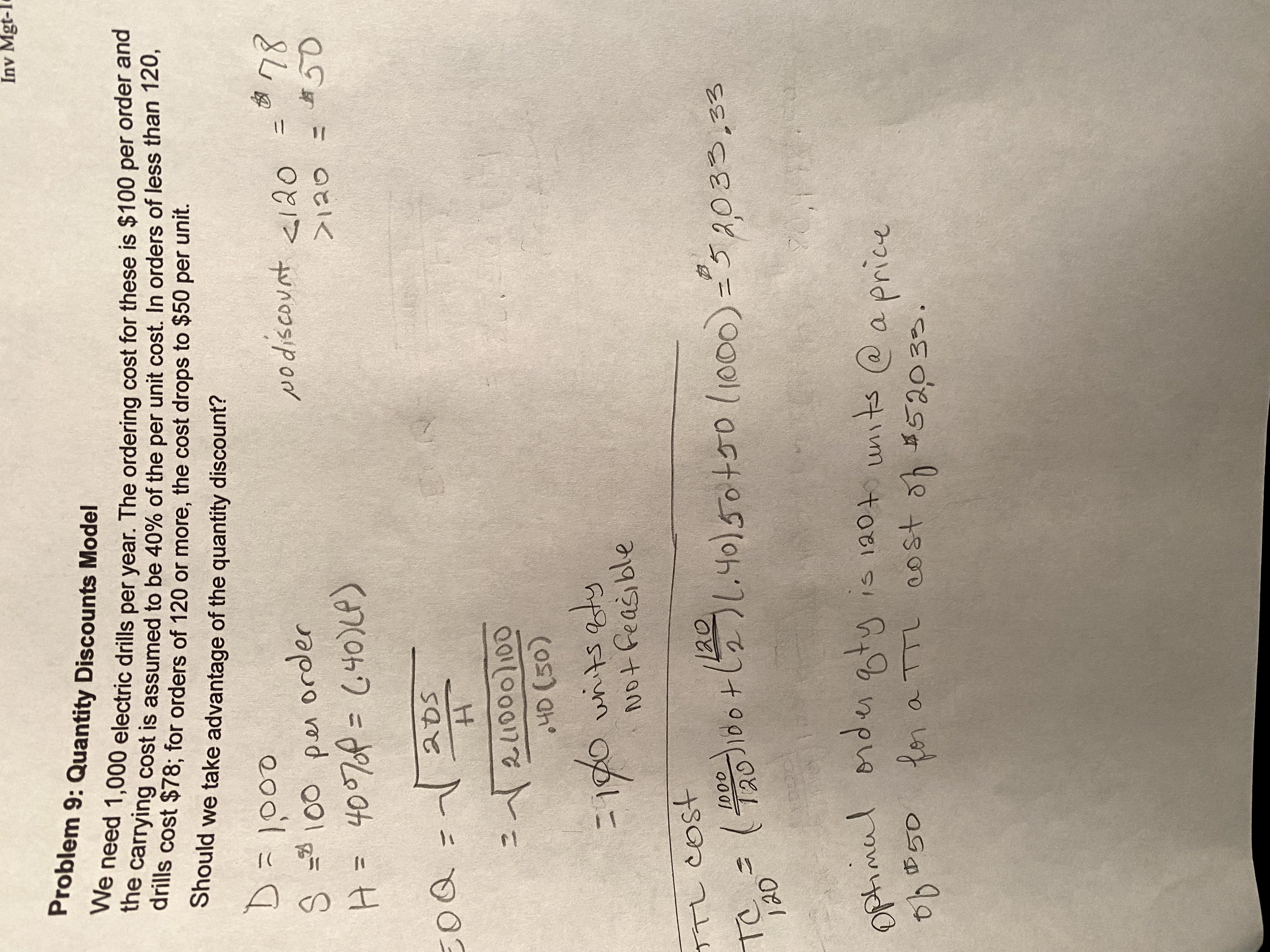 Solved Inv Mgt- Problem 9: Quantity Discounts Model We need | Chegg.com