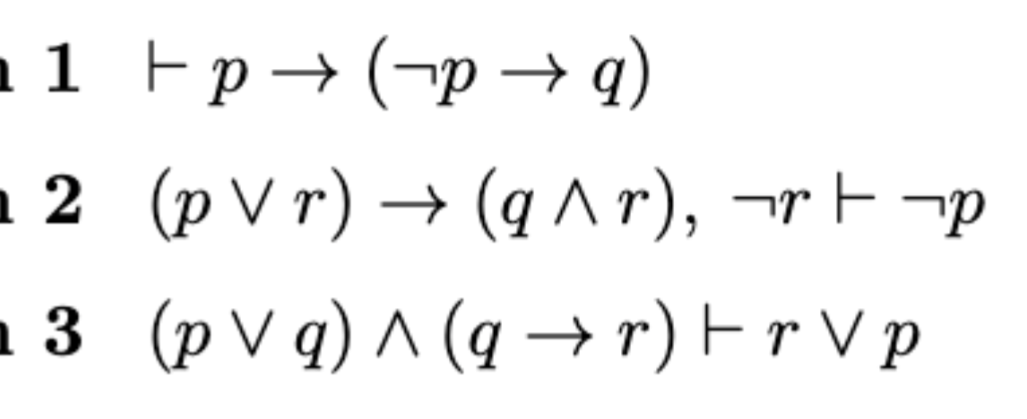 Solved 1⊢p→(¬p→q) 2(p∨r)→(q∧r),¬r⊢¬p 3(p∨q)∧(q→r)⊢r∨p 