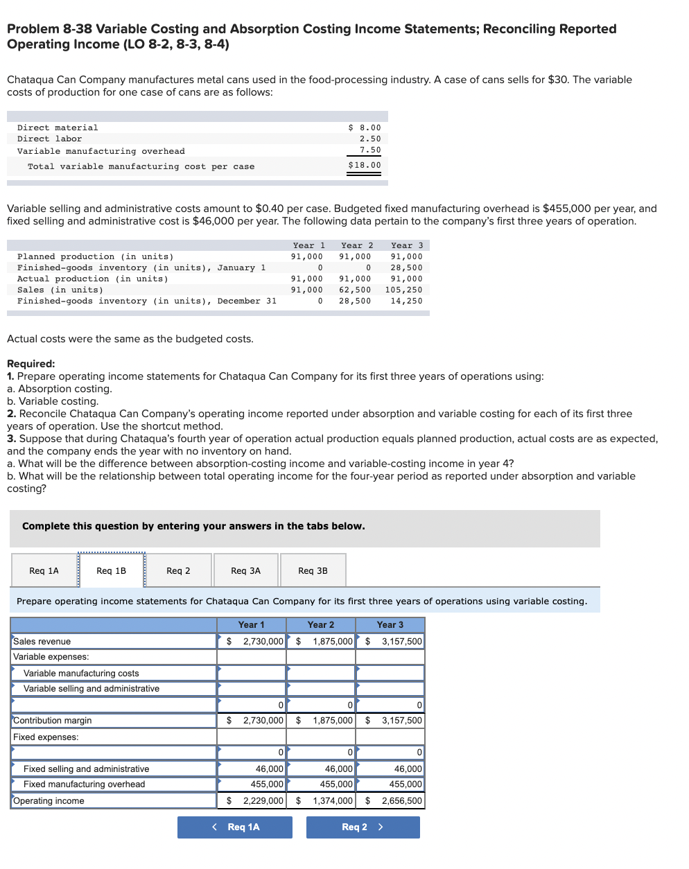 Solved Problem 8-38 Variable Costing and Absorption Costing | Chegg.com