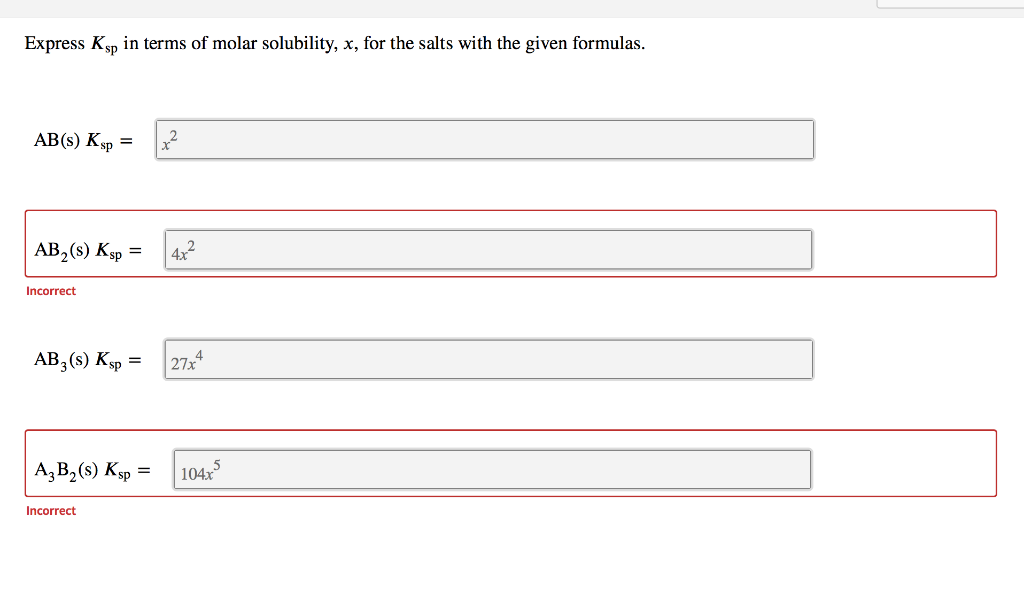 Solved Express Ksp In Terms Of Molar Solubility X For The