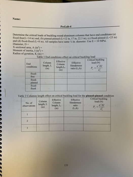 Solved Name: PreLab-4 Determine The Critical Loads Of | Chegg.com