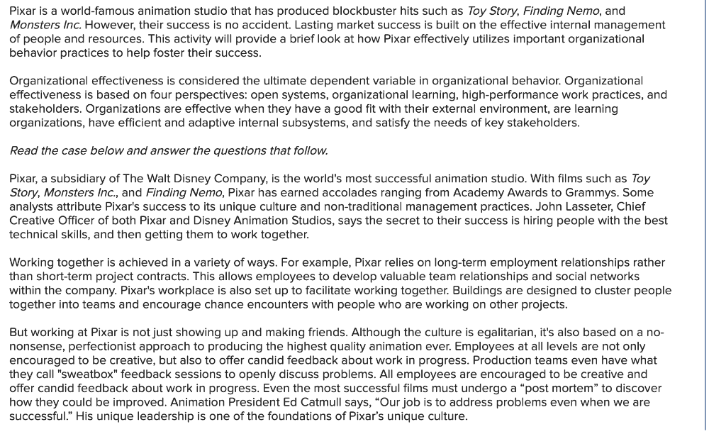 Solved Pixar Is A World Famous Animation Studio That Has Chegg