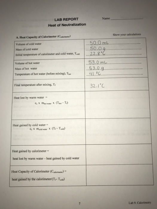 Solved LAB REPORT Name Heat of Neutralization Show your