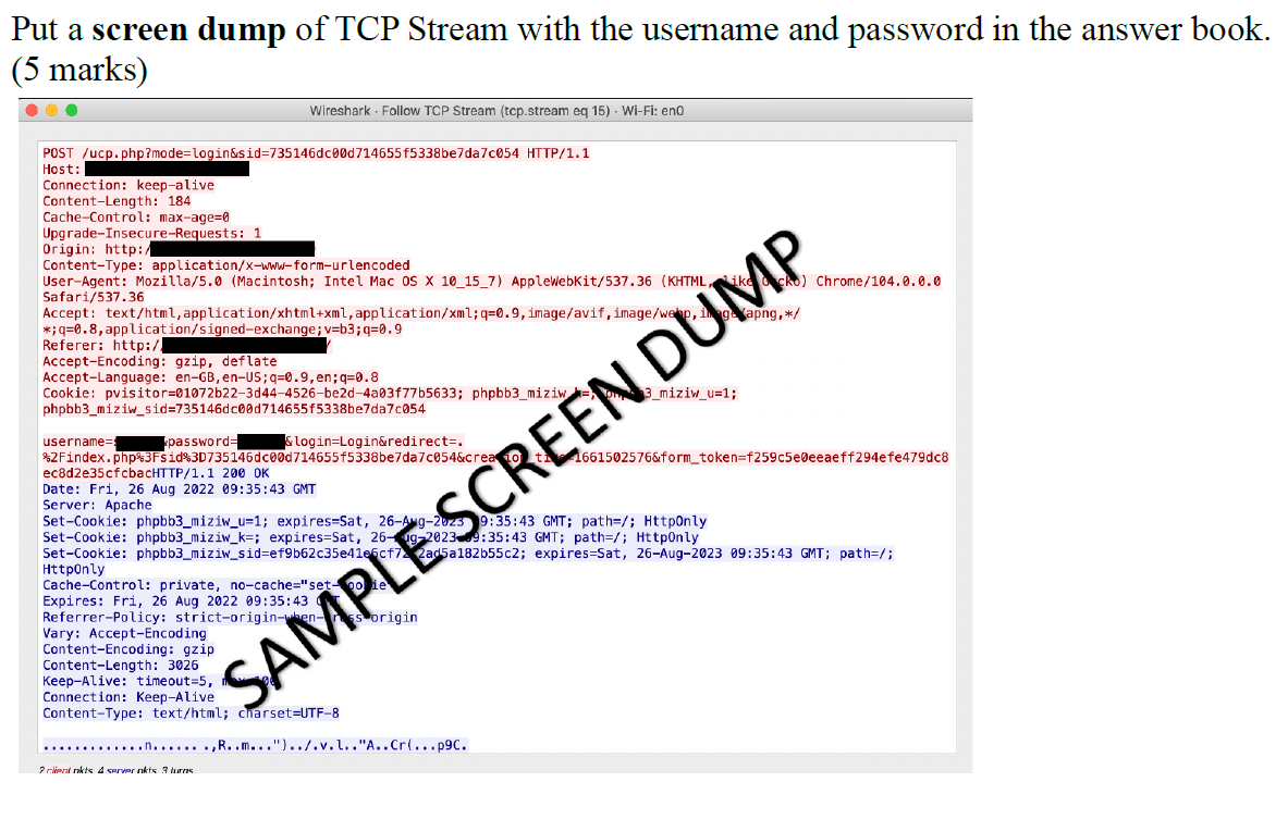 Put a screen dump of TCP Stream with the username and | Chegg.com