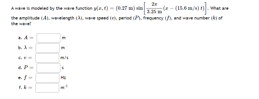 Solved A wave is modeled by the wave function y(x,t)=(0.27 | Chegg.com
